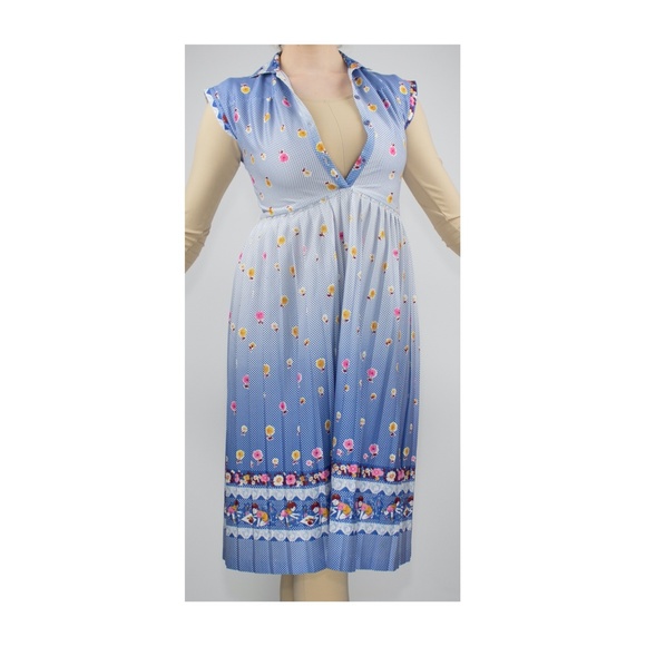 Vintage 70's Blue Novelty Print Polyester Midi - Picture 3 of 4